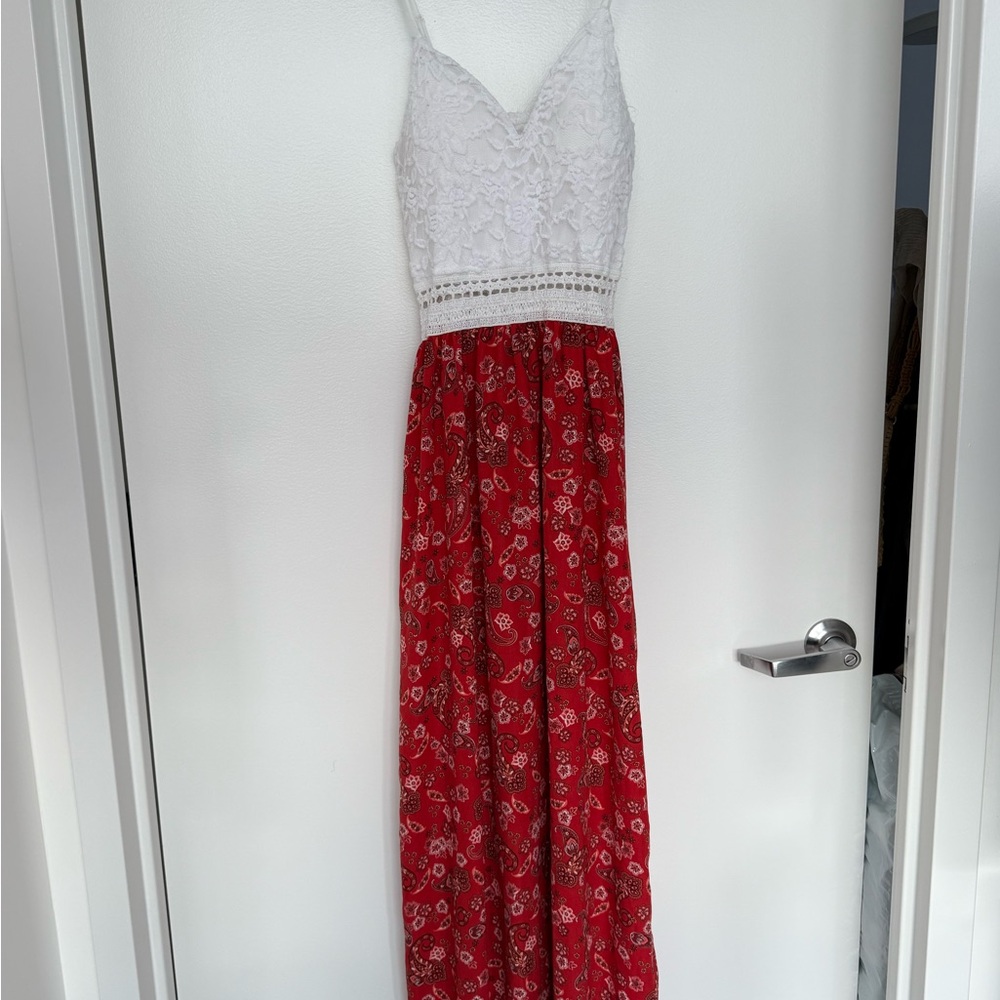 White and Red Lace Maxi Dress